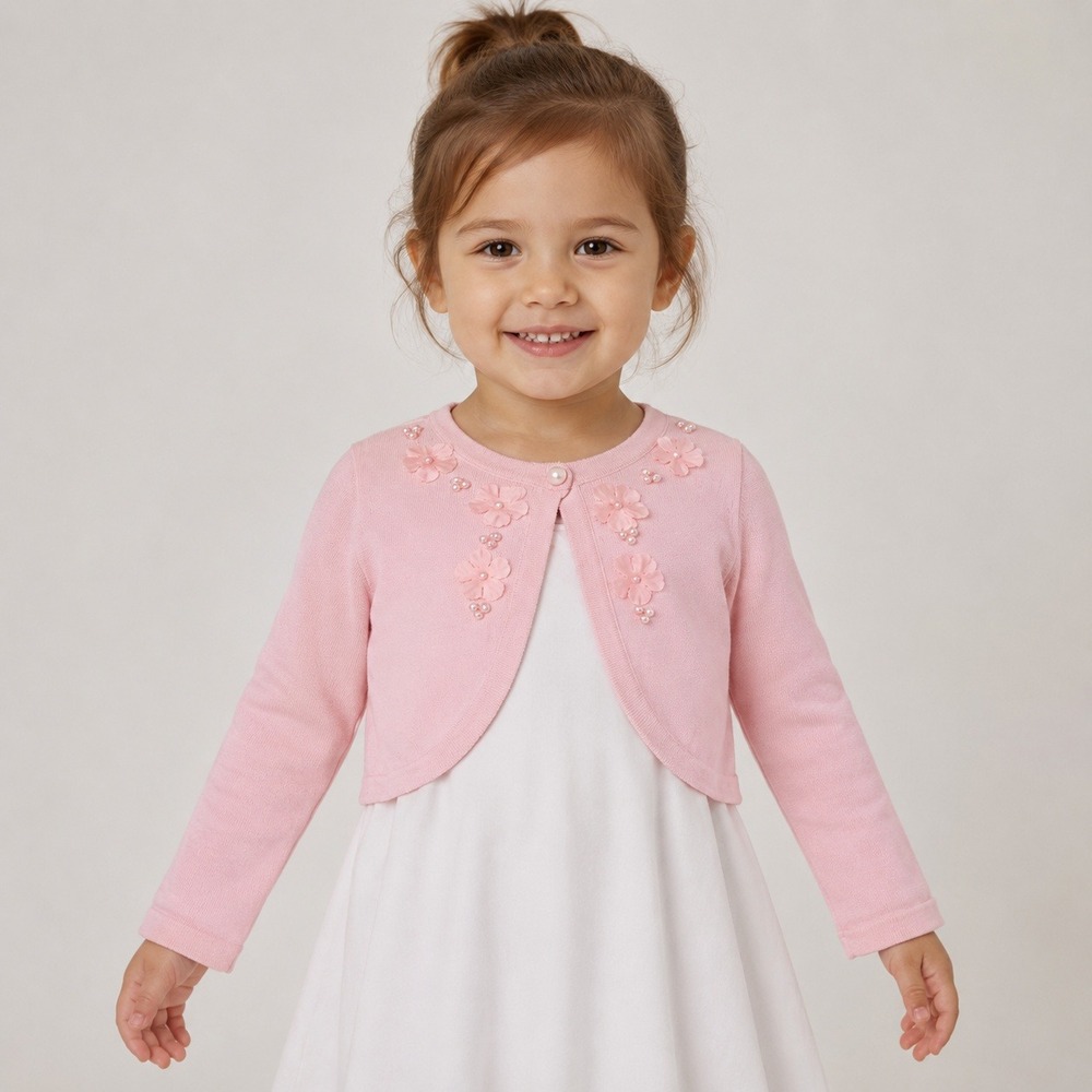 Bonnie Jean Girls 3T Pink Cotton Bolero Cardigan Floral Pearl Beaded